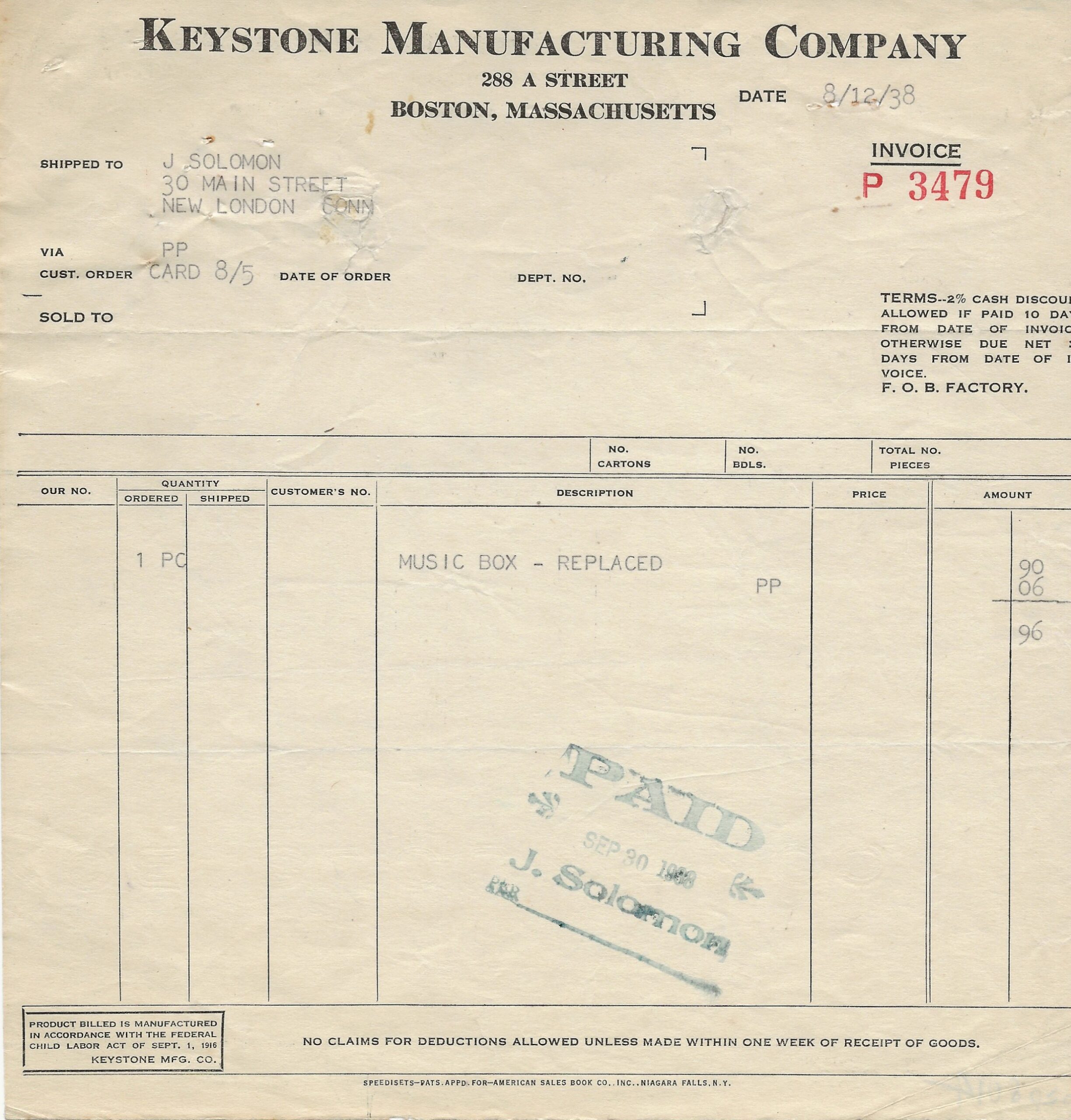 Keystone Receipt 1938