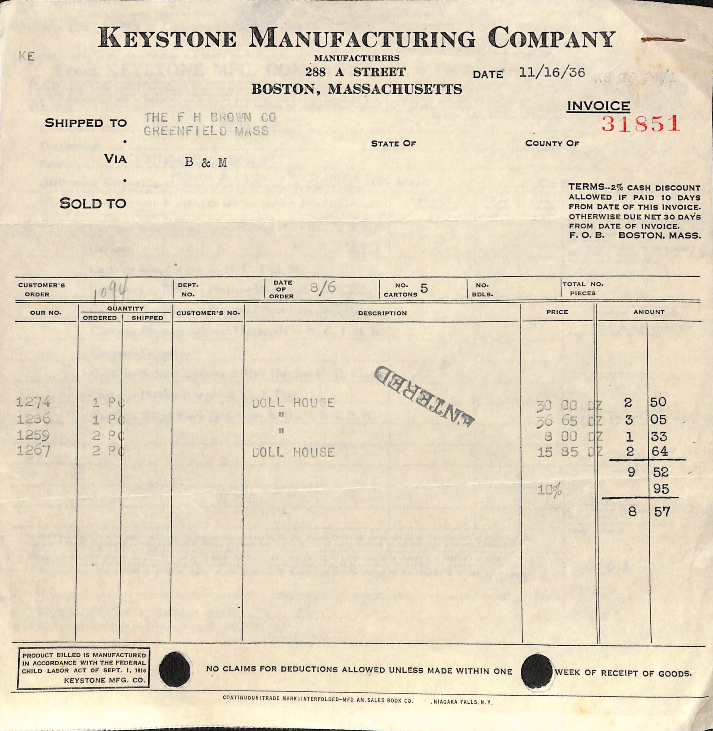 Keystone Invoice 1936