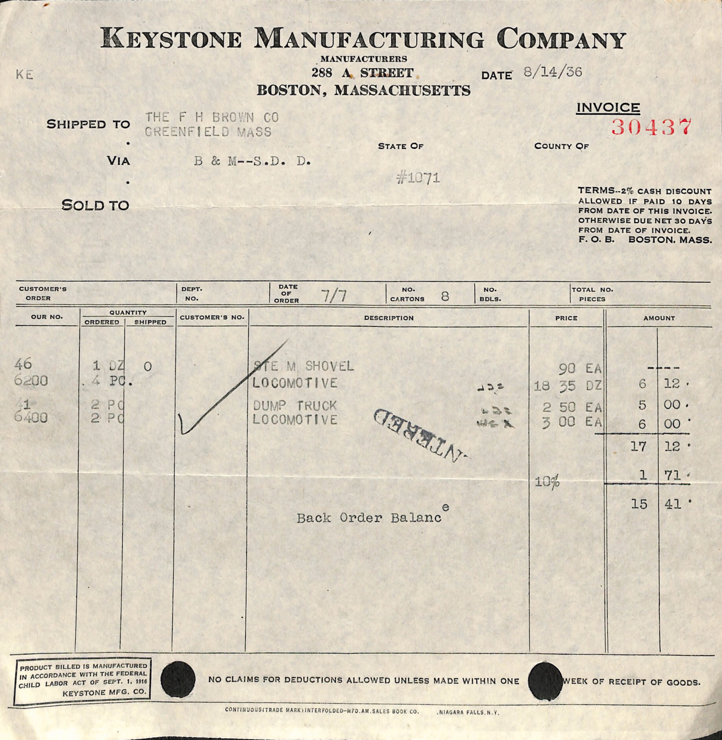 Keystone Invoice Aug. 1936